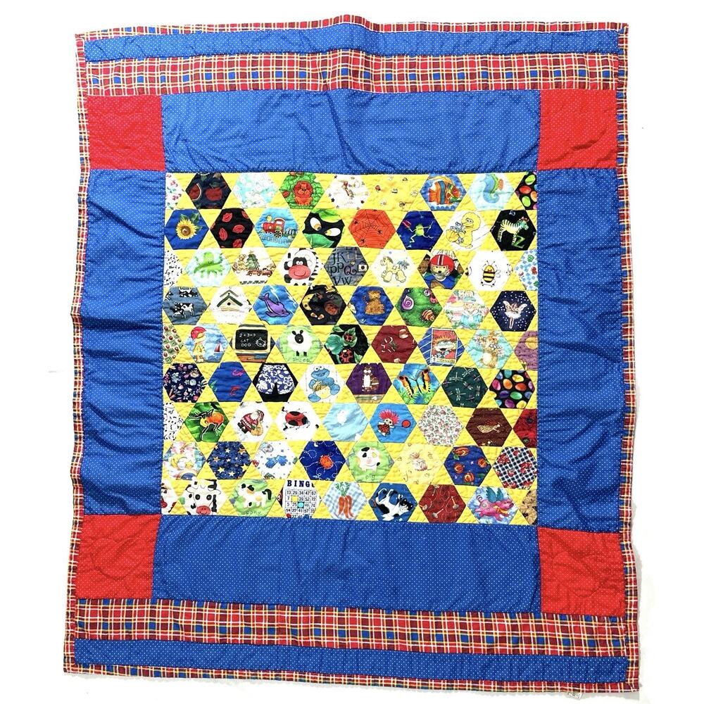 Handmade Kids Quilt 41x35” Hexagon Patchwork Bright Primary Colors - Picture 3 of 7